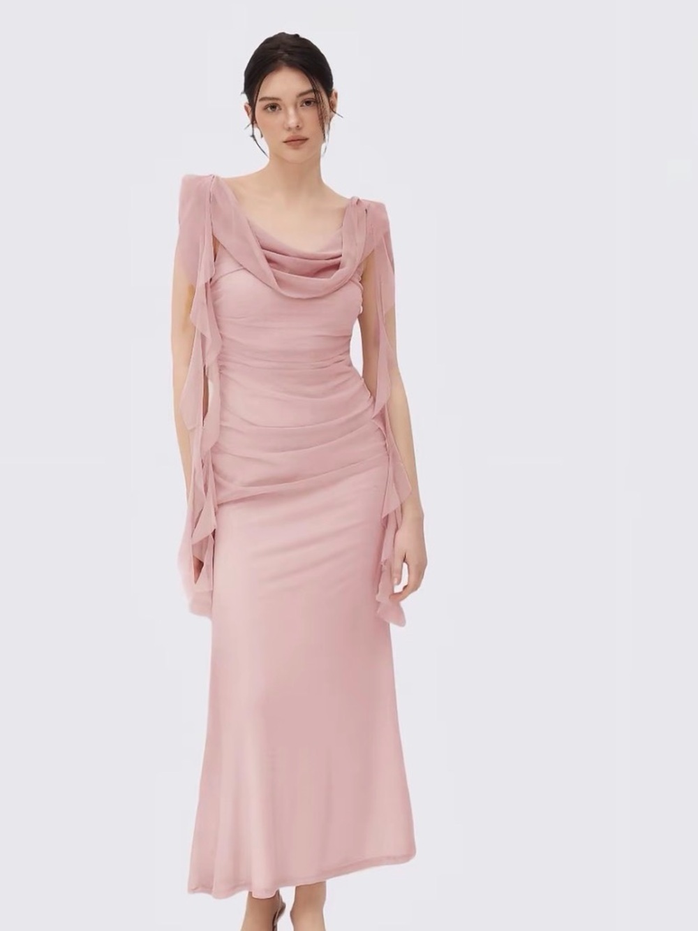 Pink Ruched Ruffle Maxi Dress – Size S